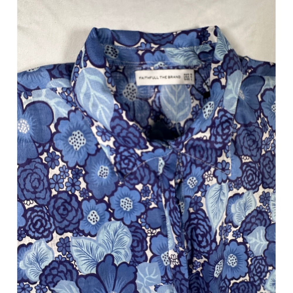 Faithfull The Brand Las Brisas Shirt La Mira Floral Blue Linen Button Up Size L